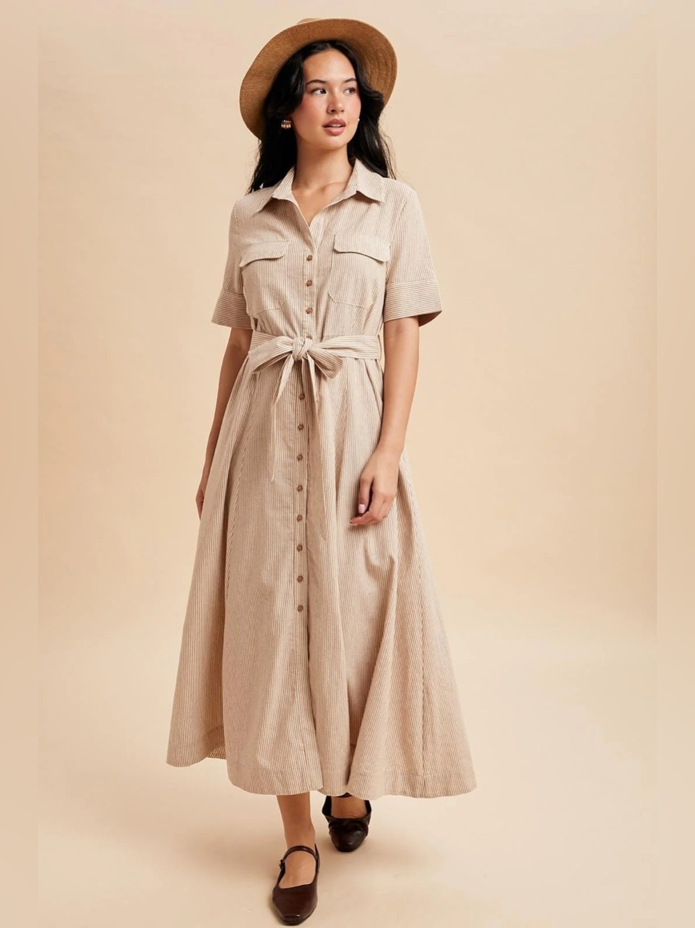 Pinkblush Beige Striped Cotton Button Down Maternity Maxi Dress - Small